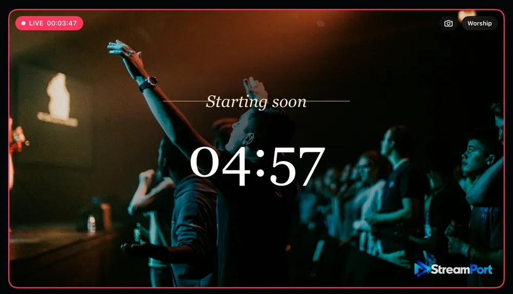 An elegant Starting soon countdown over a worship service