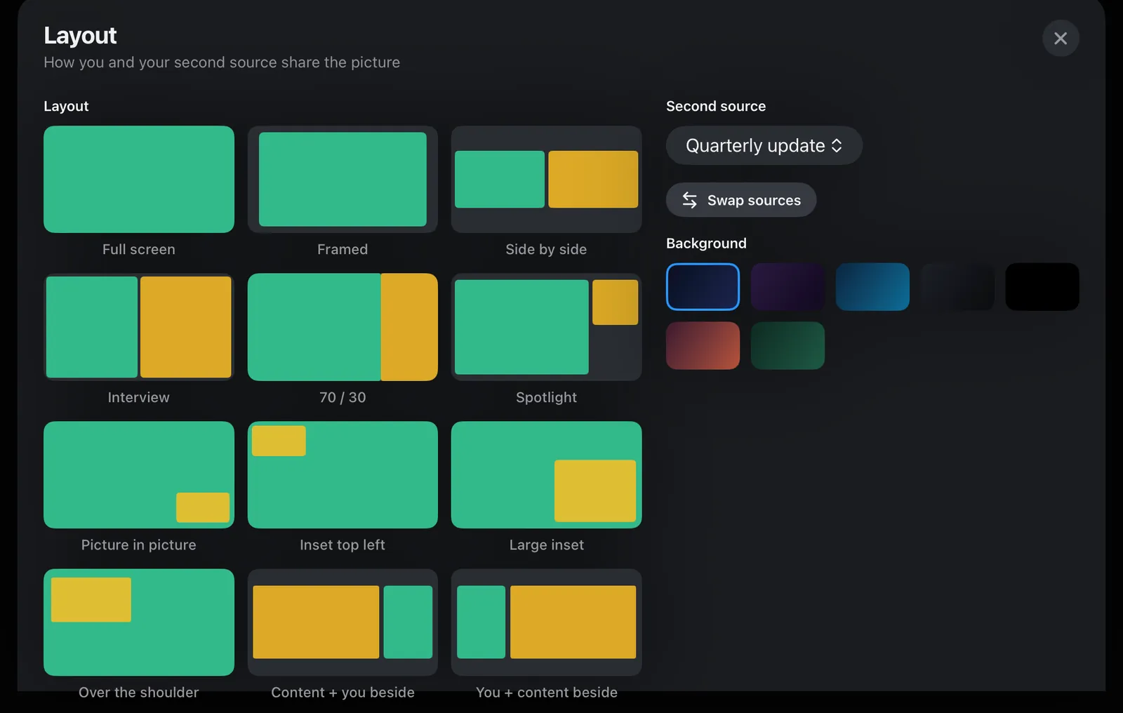 StreamPort for iPad: the Layout sheet with full screen, framed, side by side, interview, 70/30, spotlight, picture in picture and more, with a choice of background colours