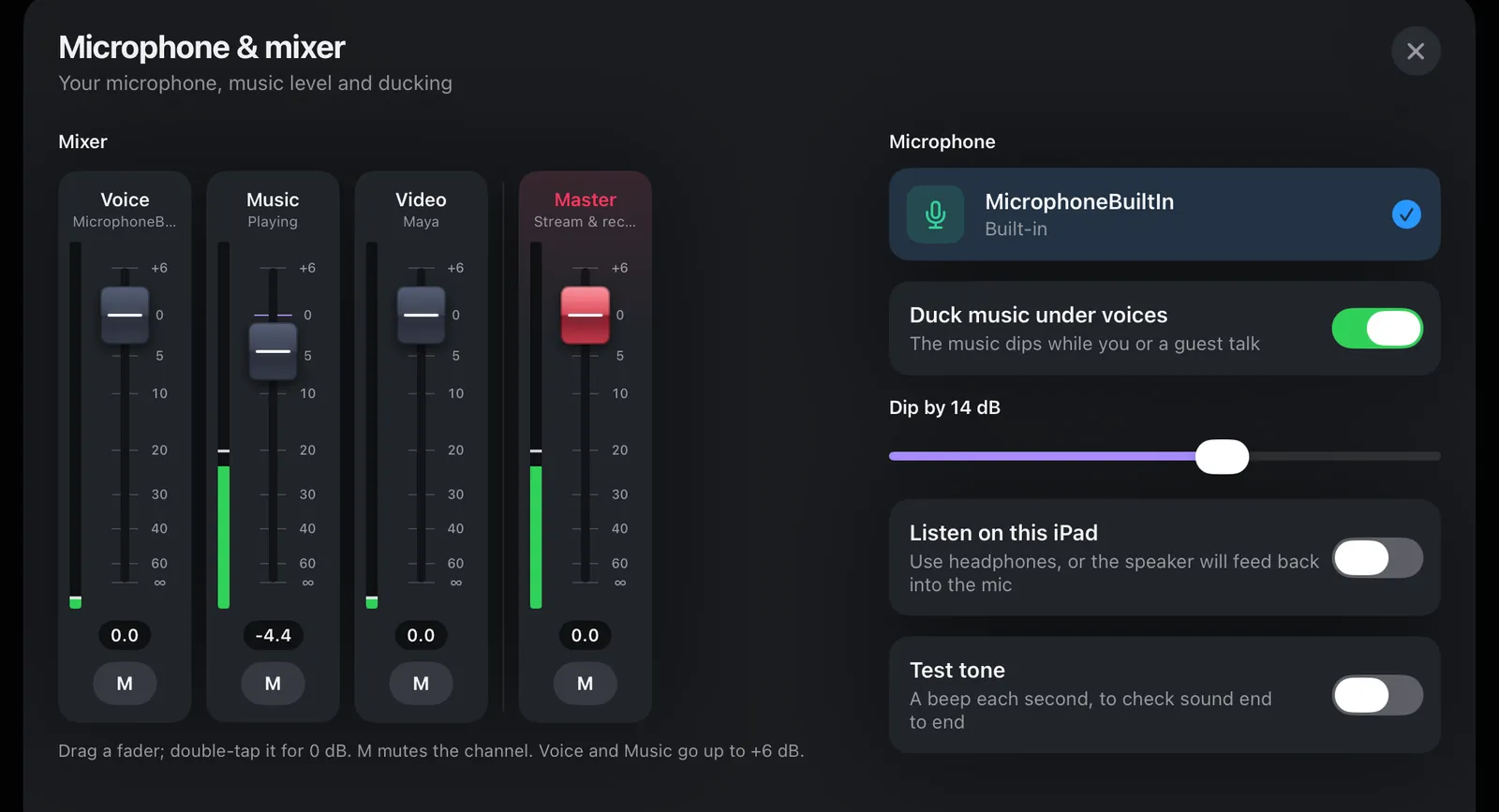 The Microphone and mixer sheet: Voice, Music, Video and Master faders with level meters, microphone choice and music ducking