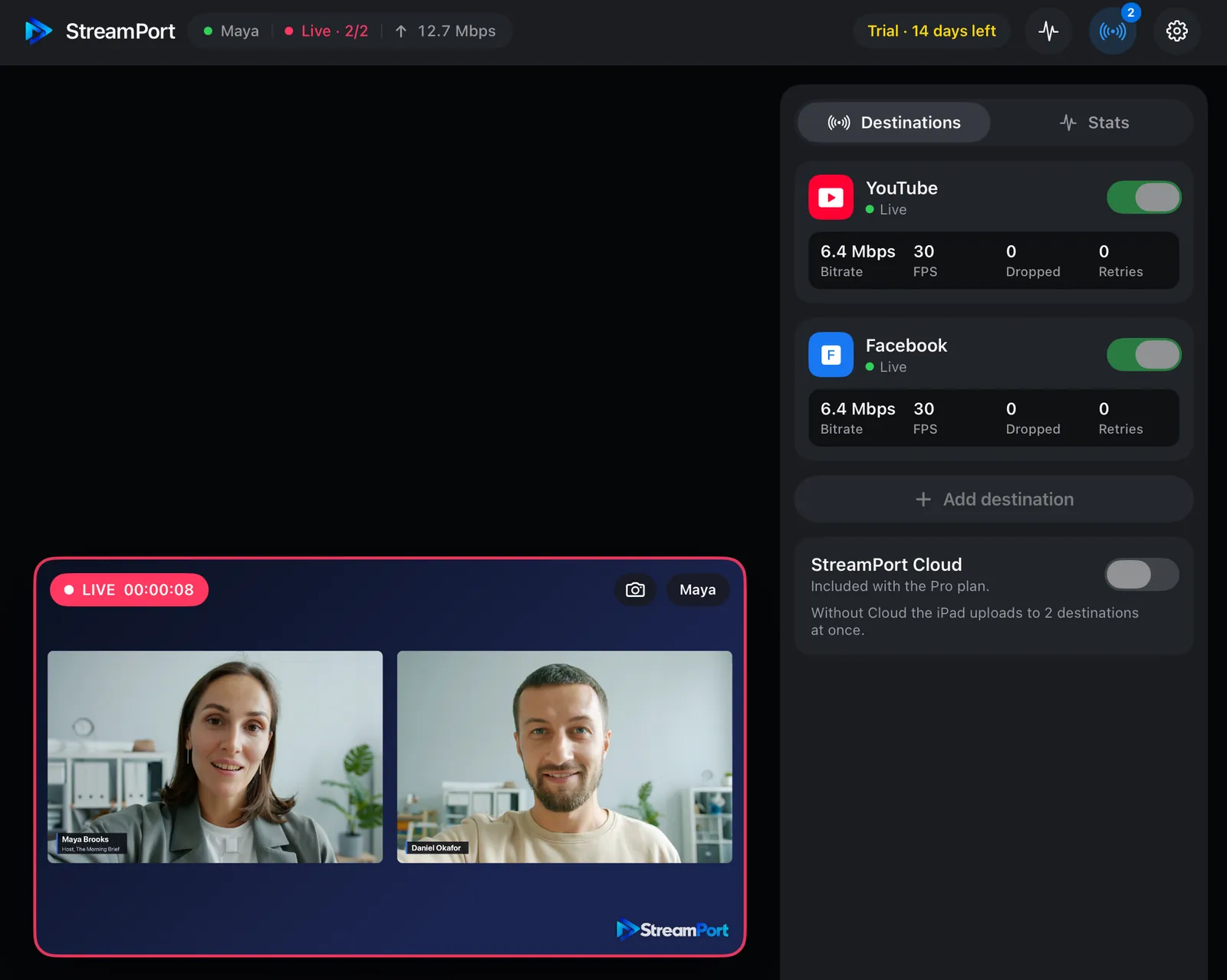 Live to YouTube and Facebook at once, with bitrate, frame rate, dropped frames and retries for each destination