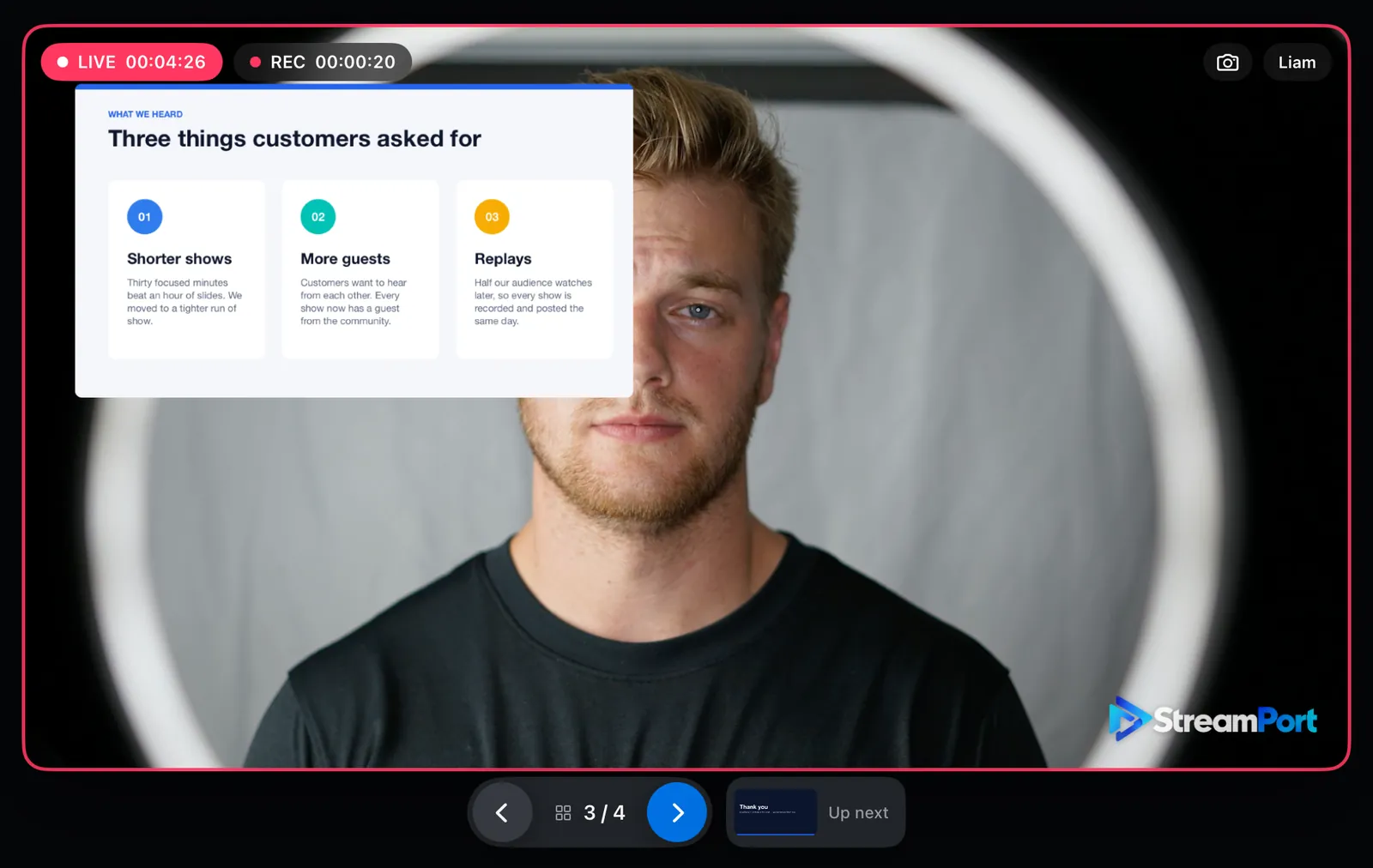 Live and recording at the same time, with a slide over the presenter’s shoulder and the snapshot button at the top right