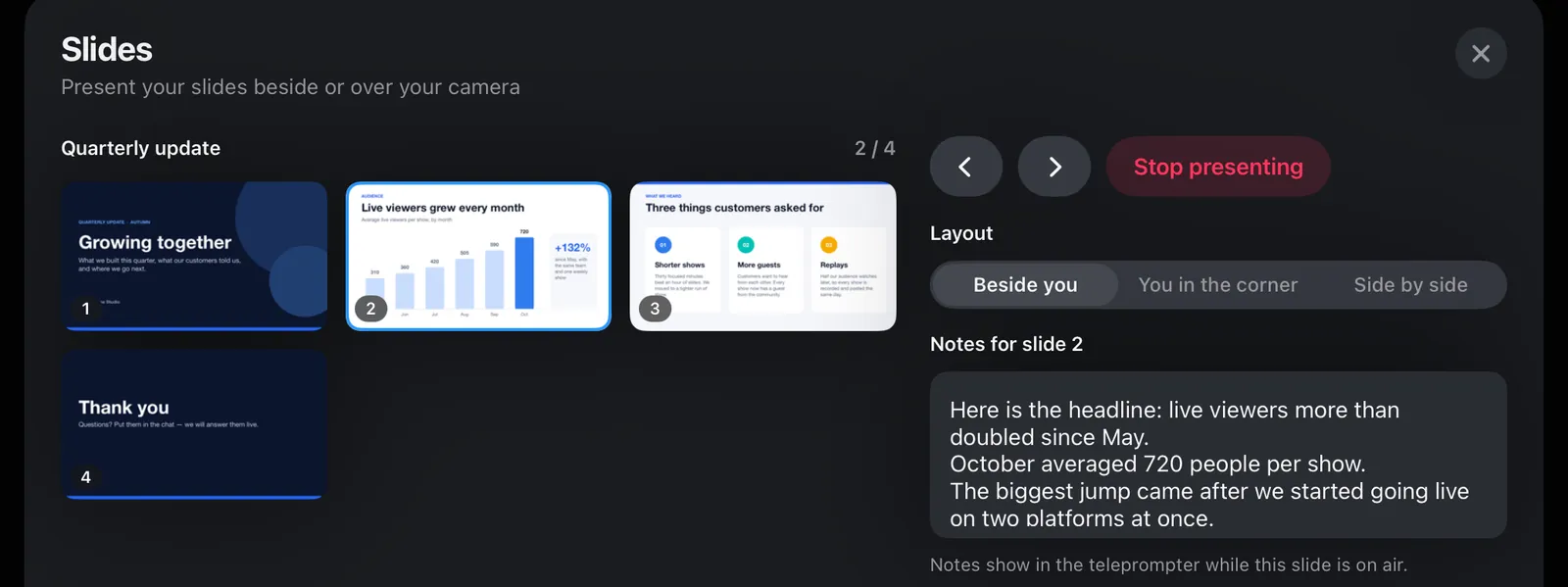 The Slides sheet: thumbnails of a four-slide deck, the layout choice and the notes for slide 2