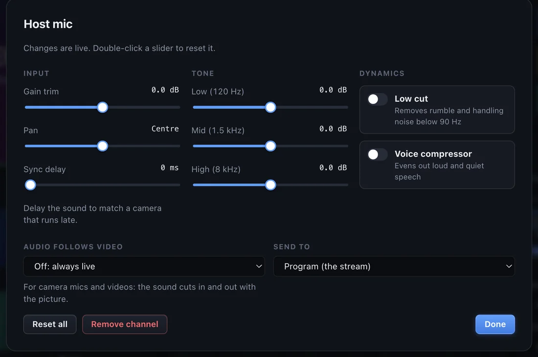 Channel settings with gain, EQ, compressor and audio-follows-video