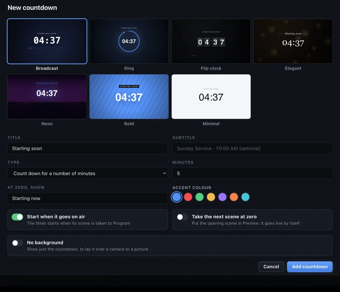 Countdown designs: broadcast, ring, flip clock, elegant, neon, bold and minimal