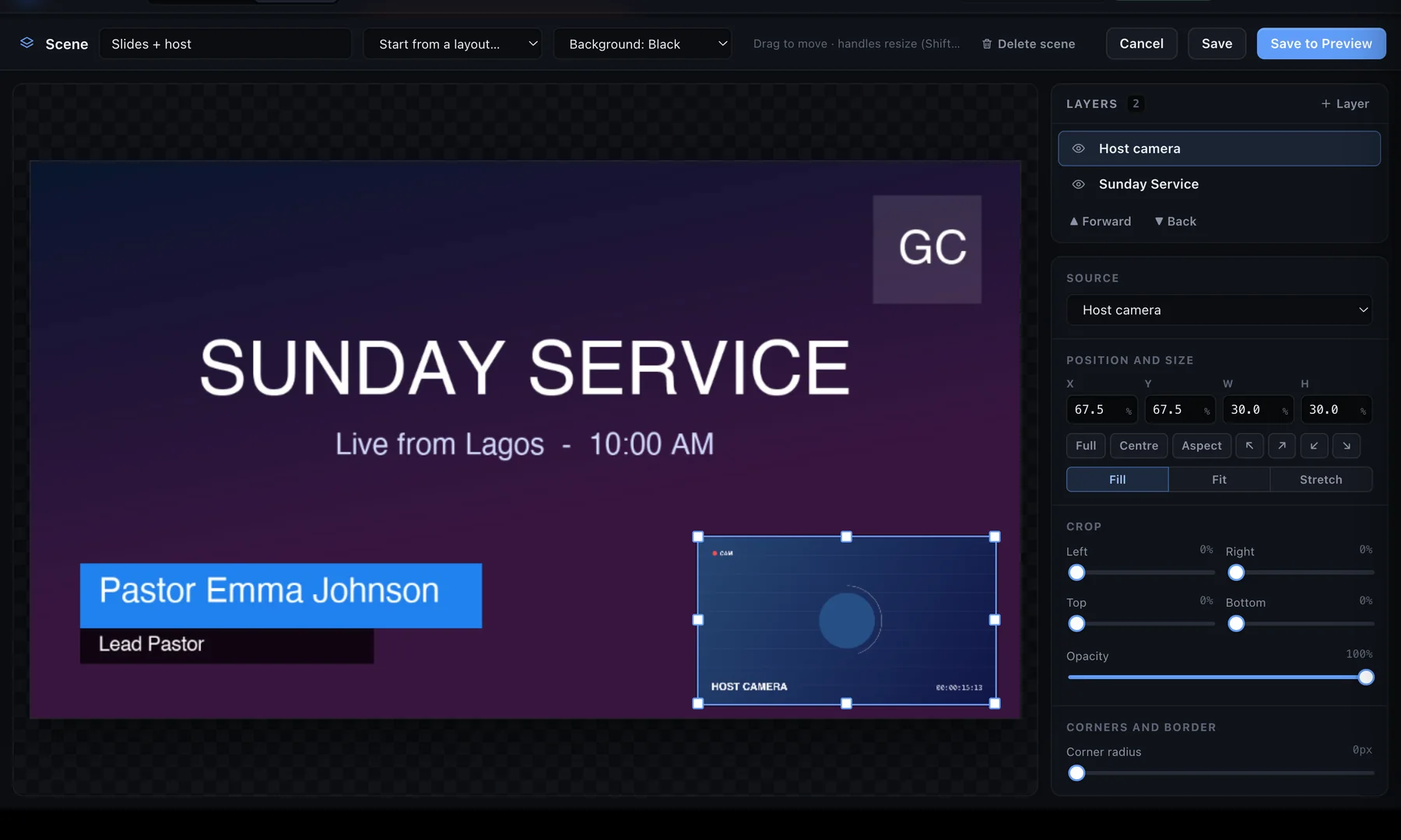 The scene editor with layers, position, crop and chroma key