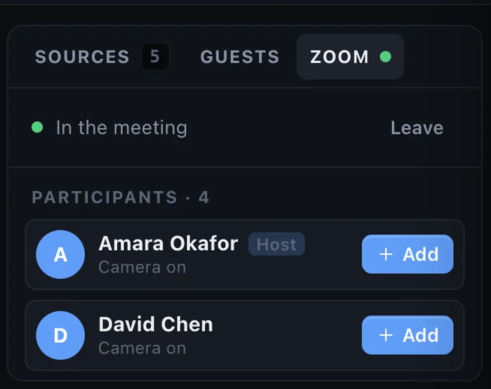 The Zoom tab listing meeting participants with Add buttons